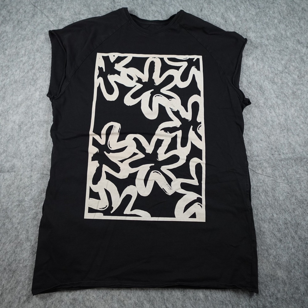 Kowtow Top Women Extra Small Black Sketch Cotton Floral Graphic Muscle Pocket